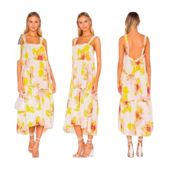 Free People Moonshine Midi Floral Tiered Boho Linen Dress Spaghetti Straps L NWT - Picture 1 of 7